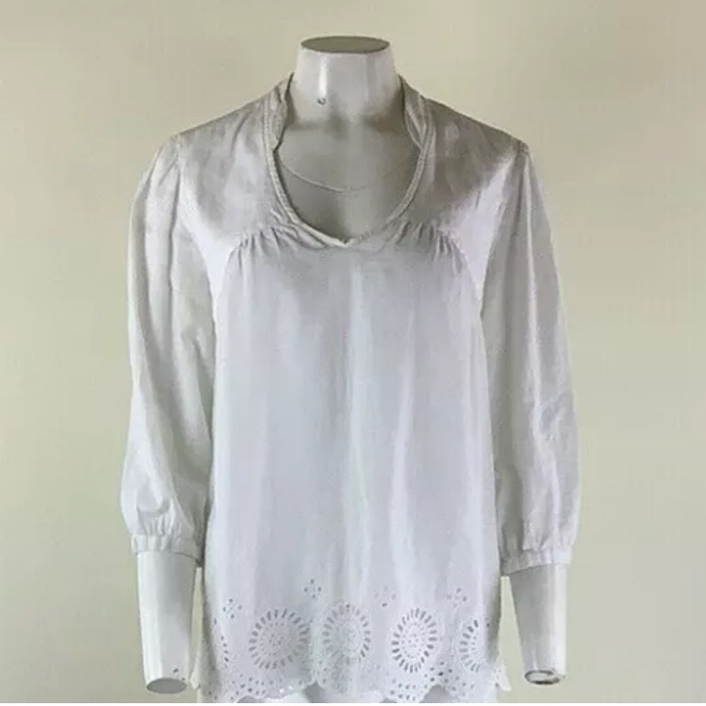 J Crew Sz M 100% Cotton Eyelet Trim Tunic Top White 3/4 Sleeve V Neck Pullover